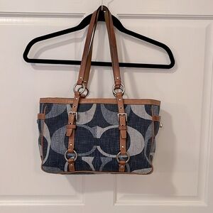 Coach tonal denim signature “C” east west e/w gallery shoulder tote bag #F13810